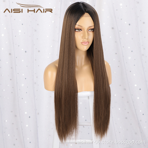 Aisi Hair 26 Inch Long Silky Straight Swiss Lace Wig Wholesale Middle Part Ombre Brown Synthetic Hair Wigs For Black Women